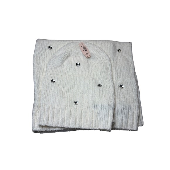 Victoria's Secret Accessories - Victorias Secret Beanie Scarf Set Ivory White Rhinestone Knit Winter 2pc NWT